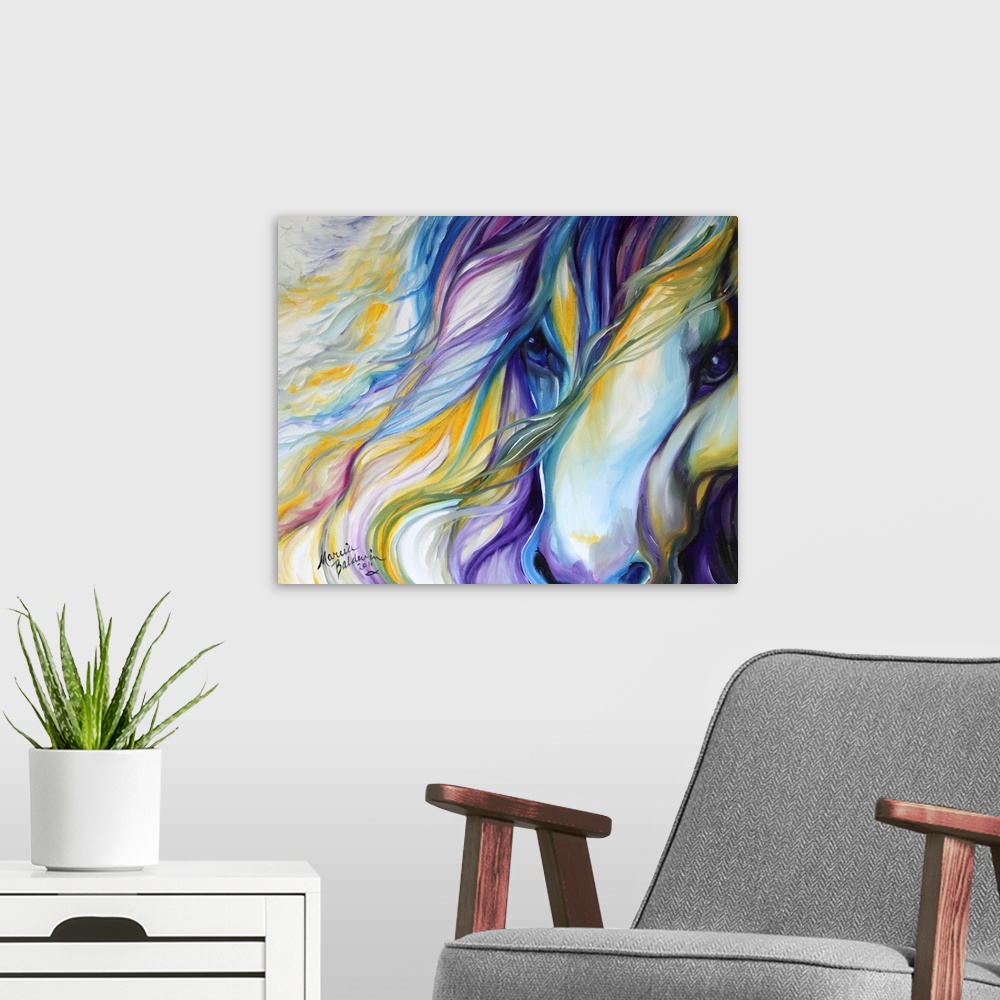 A modern room featuring Purple, yellow, blue, and white abstract painting of a horse close-up.