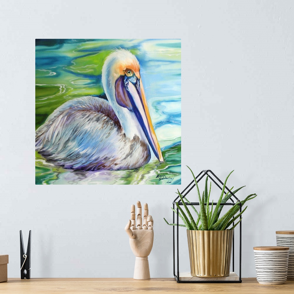 A bohemian room featuring Square painting of the brown pelican, such a wonderfully exotic wild bird in Louisiana, is depict...