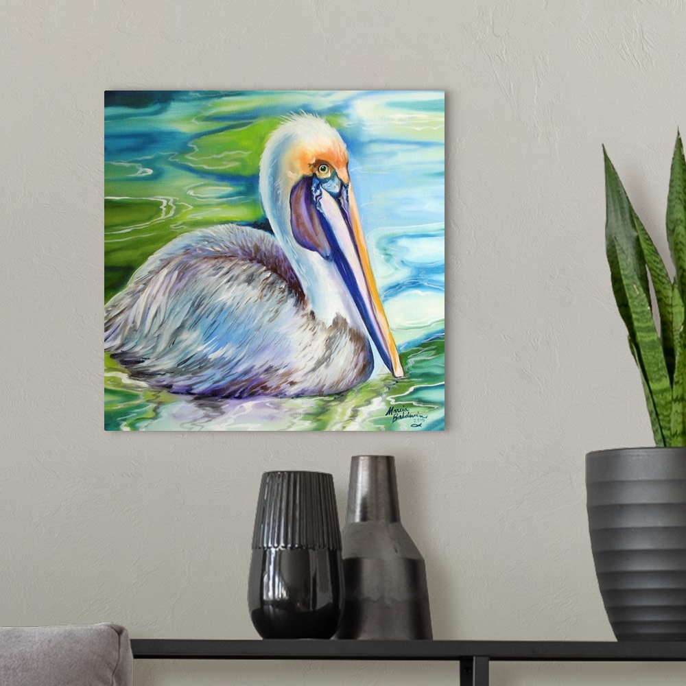 A modern room featuring Square painting of the brown pelican, such a wonderfully exotic wild bird in Louisiana, is depict...
