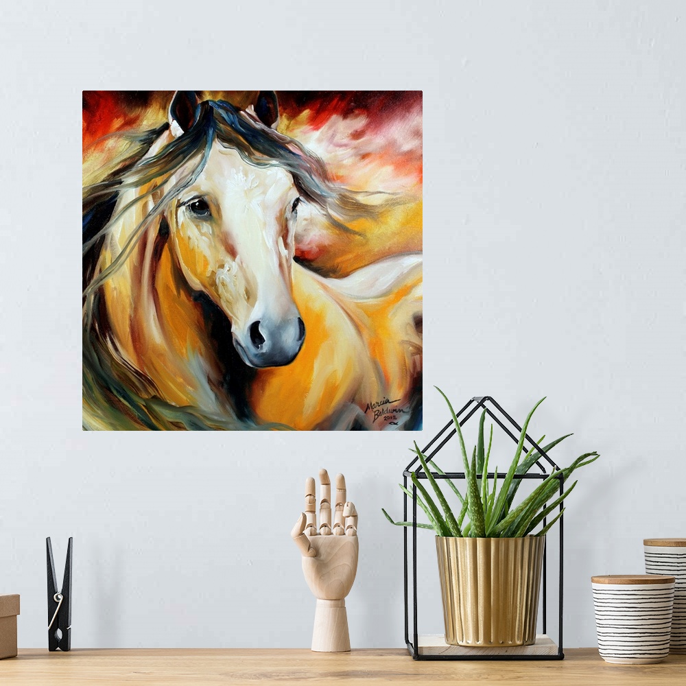 A bohemian room featuring Square painting of a horse with a dark flowing mane on a yellow, red, and white background.