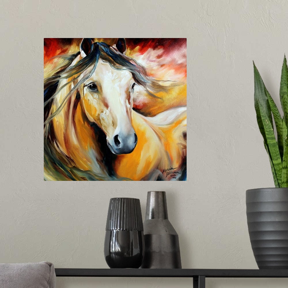 A modern room featuring Square painting of a horse with a dark flowing mane on a yellow, red, and white background.