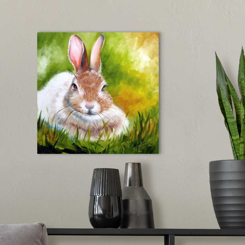 A modern room featuring Square painting of a precious bunny on a grassy green, brown, and yellow background.