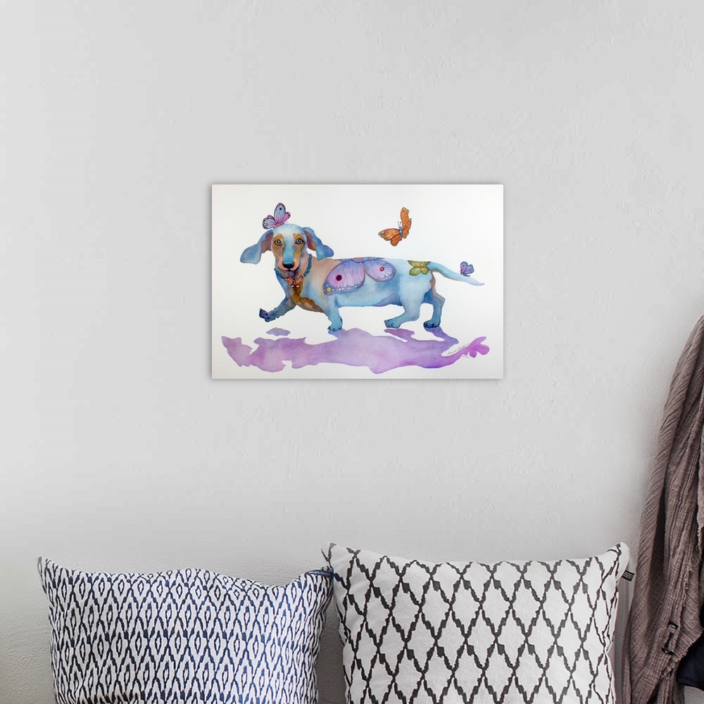 A bohemian room featuring Watercolor painting that depicts a silly dachshund in his butterfly heaven. Fun Colors and Fun Bu...