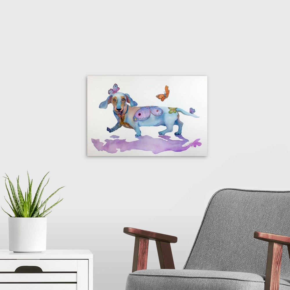 A modern room featuring Watercolor painting that depicts a silly dachshund in his butterfly heaven. Fun Colors and Fun Bu...