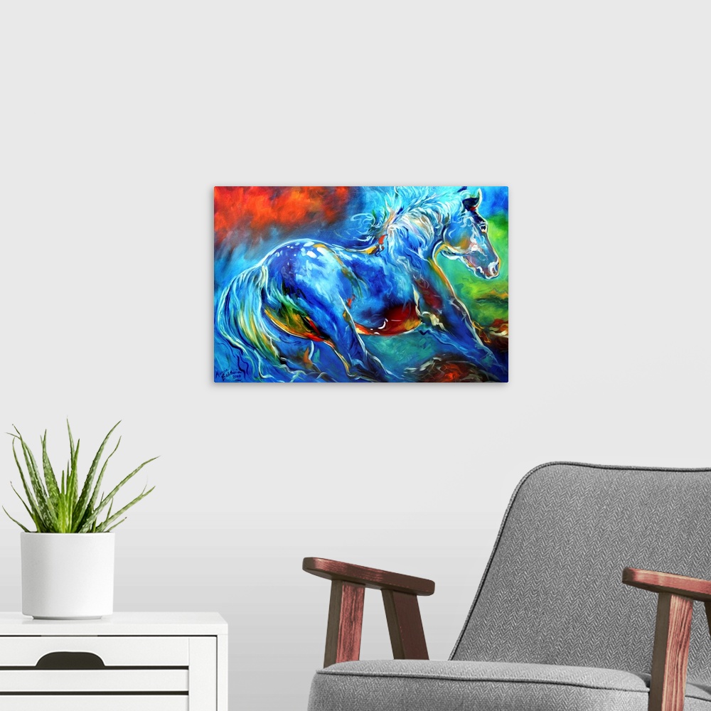 A modern room featuring Abstract painting of a blue wild stallion with red, yellow, and green hues mixed in.