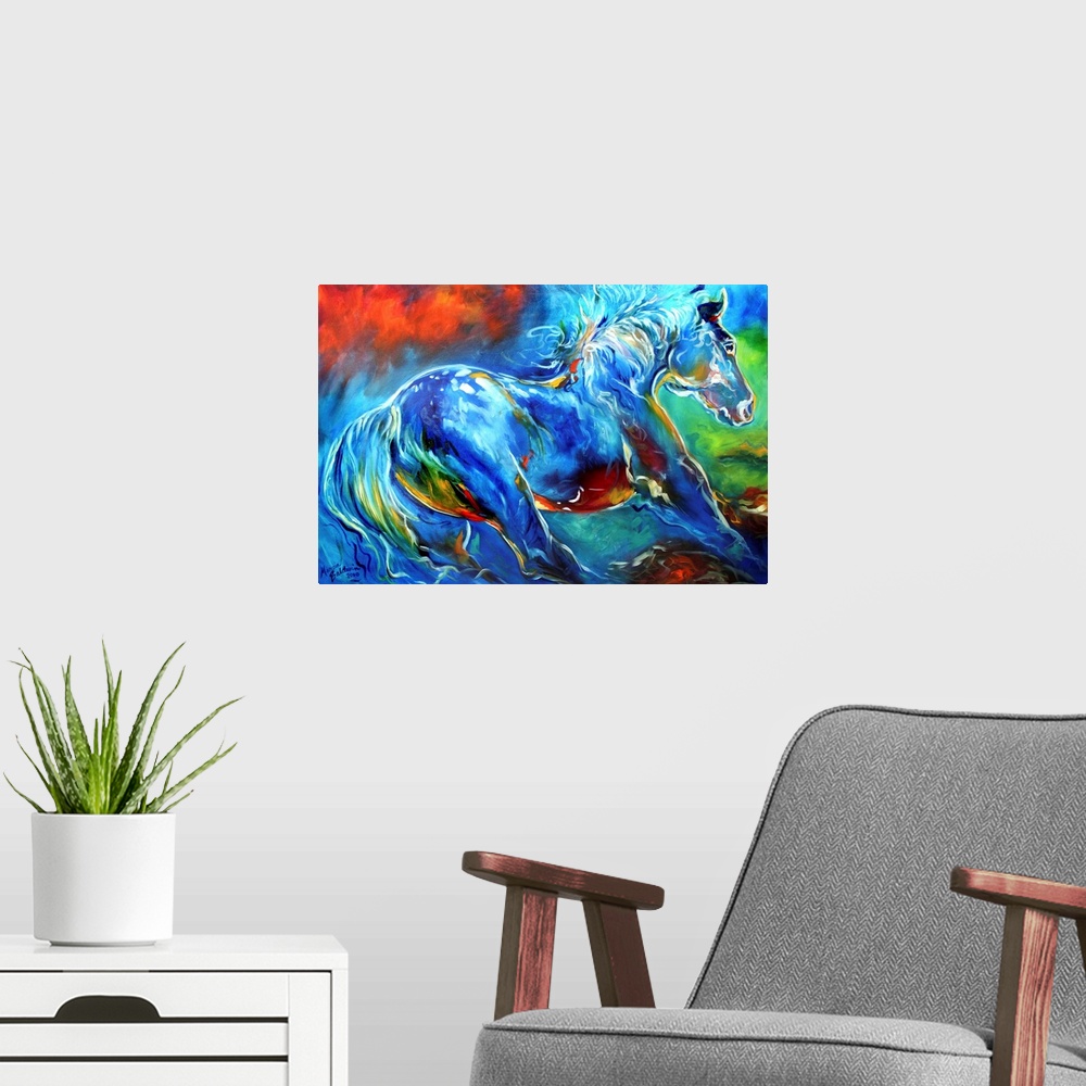 A modern room featuring Abstract painting of a blue wild stallion with red, yellow, and green hues mixed in.