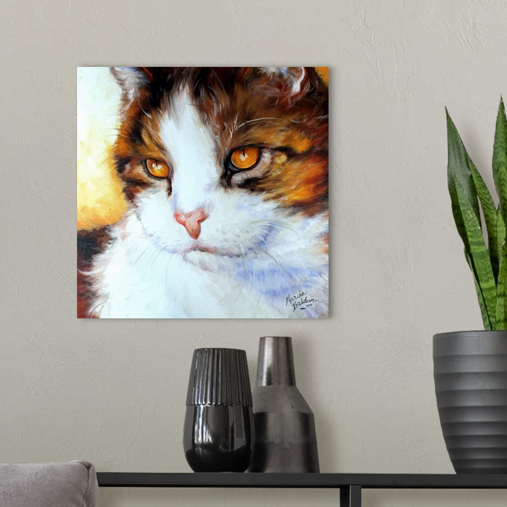 A modern room featuring Painting of a brown, yellow, and white kitten with cool blue shadows on a square background.