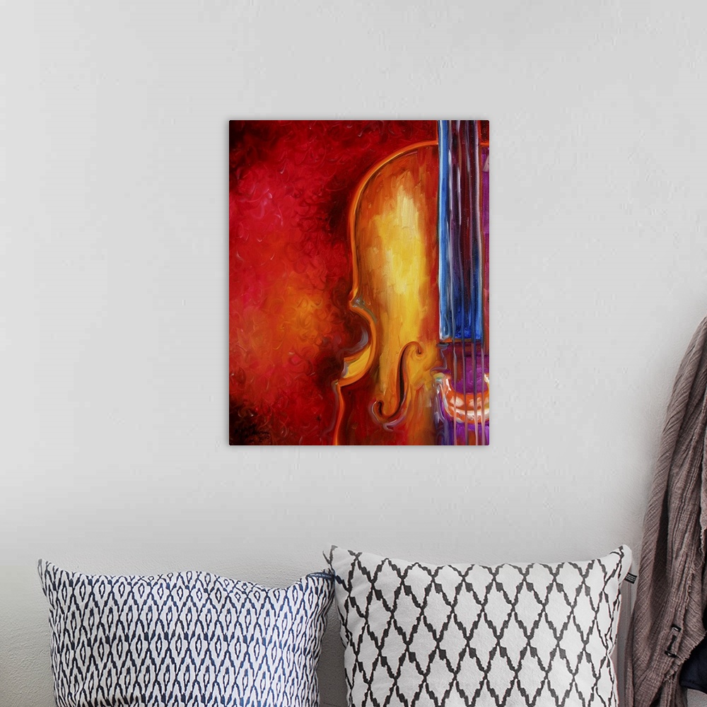 A bohemian room featuring A contemporary abstract of the Cello with bold color and an unexpected composition.