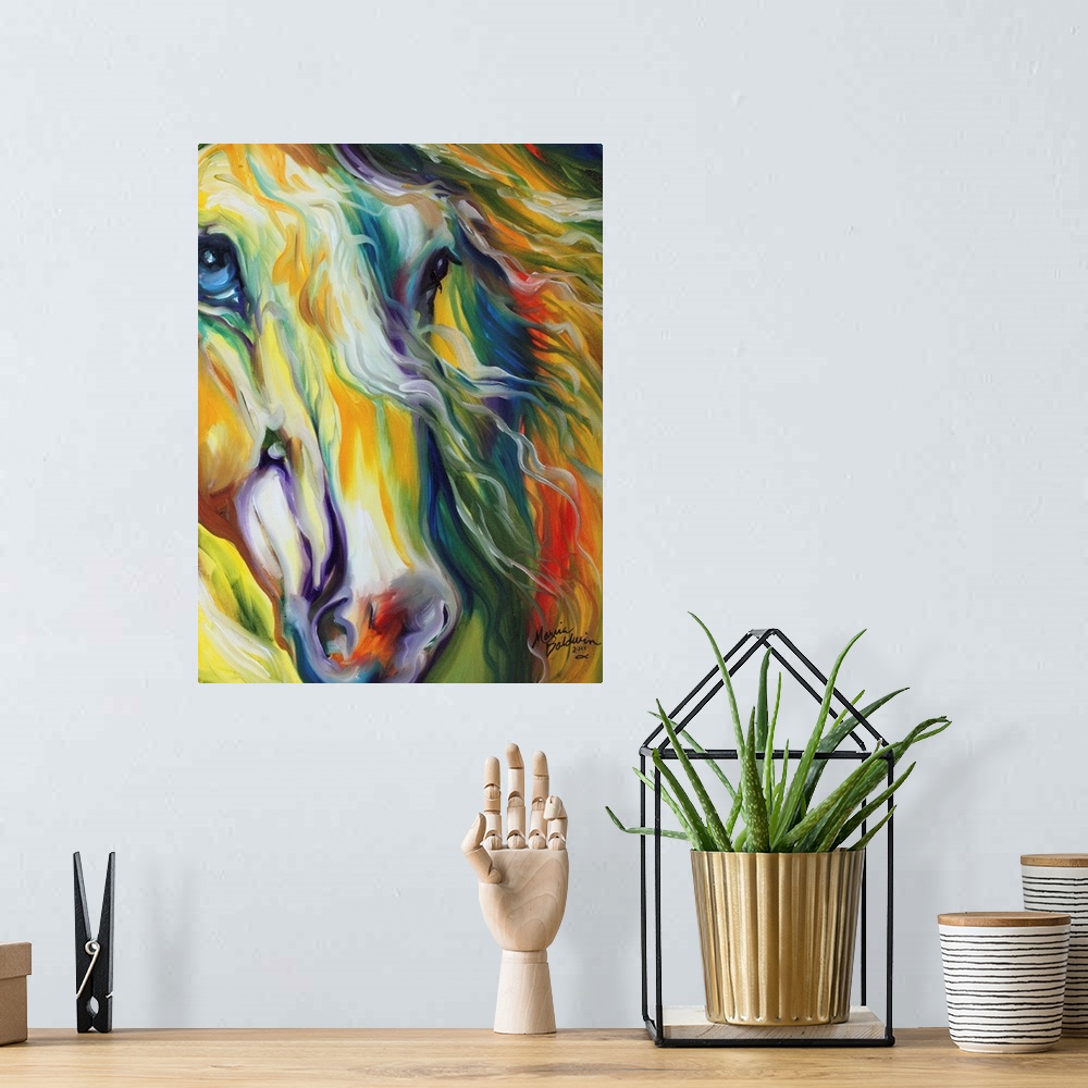A bohemian room featuring Colorful abstract equine painting with close-up detail of a face.