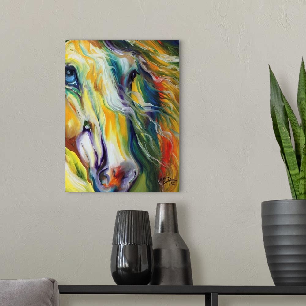 A modern room featuring Colorful abstract equine painting with close-up detail of a face.