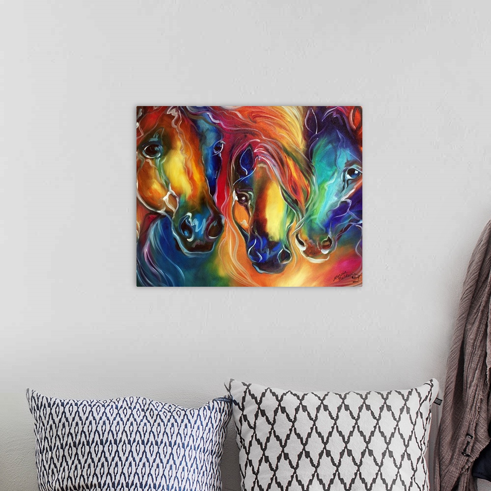 A bohemian room featuring Abstract painting with color and form of three horses.