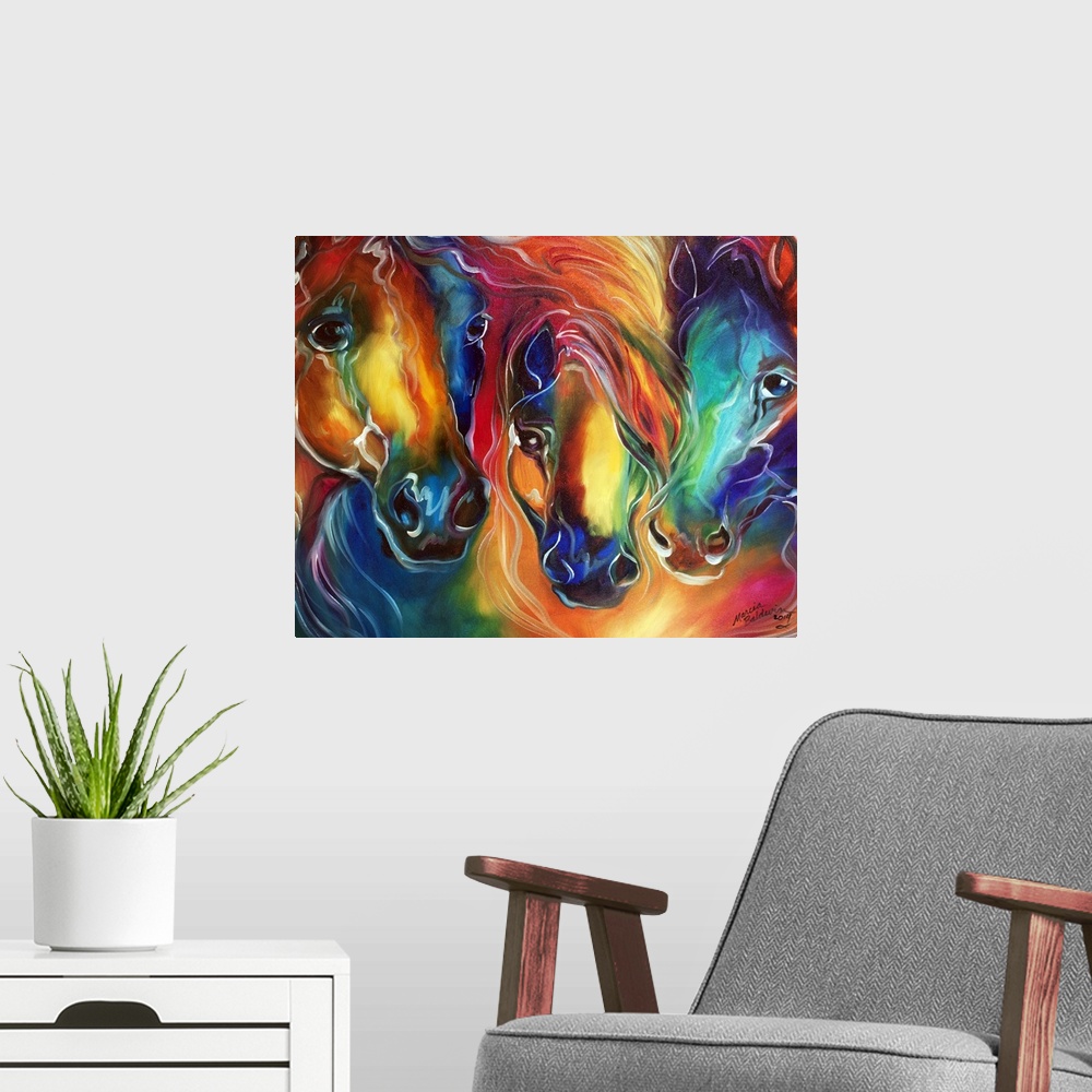 A modern room featuring Abstract painting with color and form of three horses.