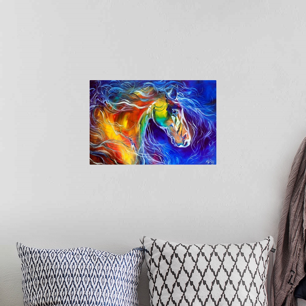 A bohemian room featuring Abstract painting of a horse is vibrant colors with a blue and purple background.