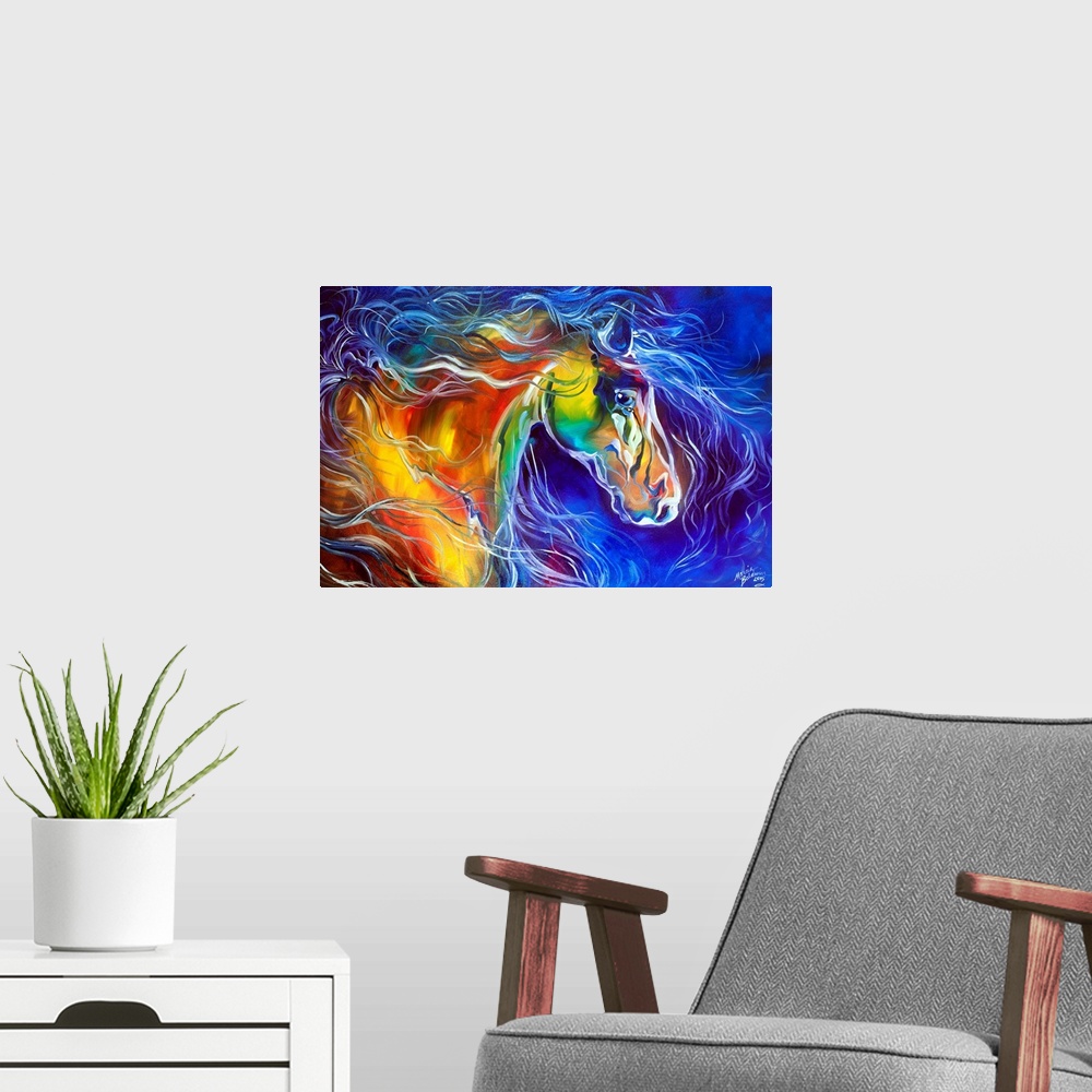 A modern room featuring Abstract painting of a horse is vibrant colors with a blue and purple background.
