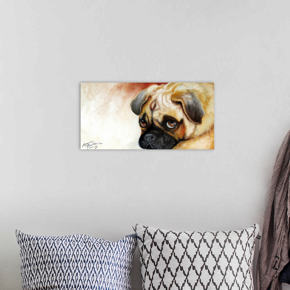 A bohemian room featuring Panoramic painting of a pug with sad brown eyes on a white and burnt red background.