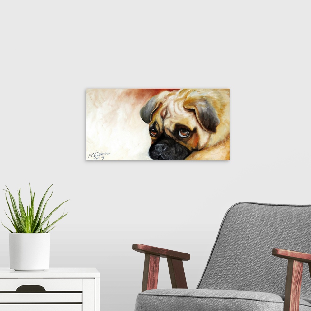 A modern room featuring Panoramic painting of a pug with sad brown eyes on a white and burnt red background.