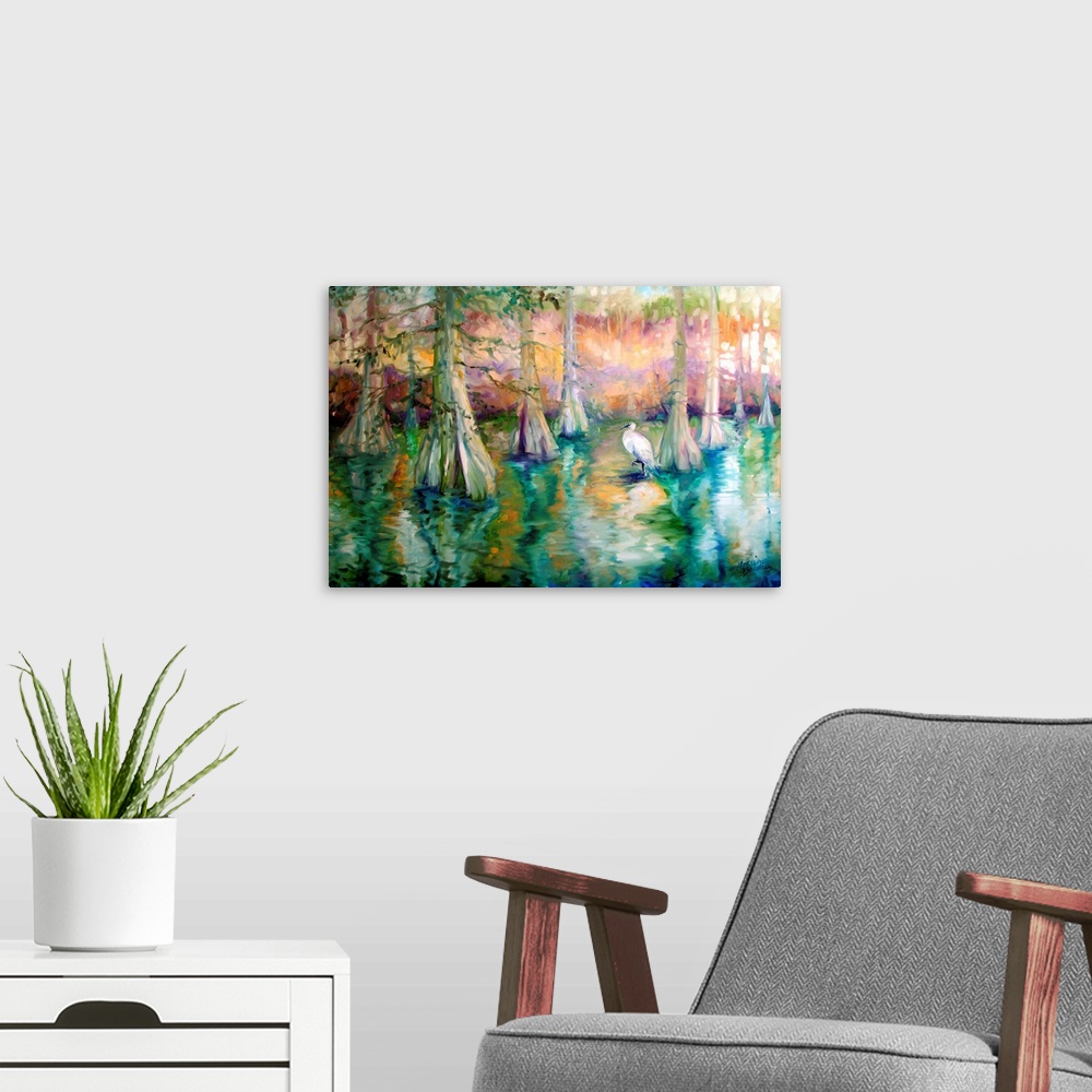 A modern room featuring Contemporary landscape painting of a scene from the Louisiana bayous with a white heron and cypre...