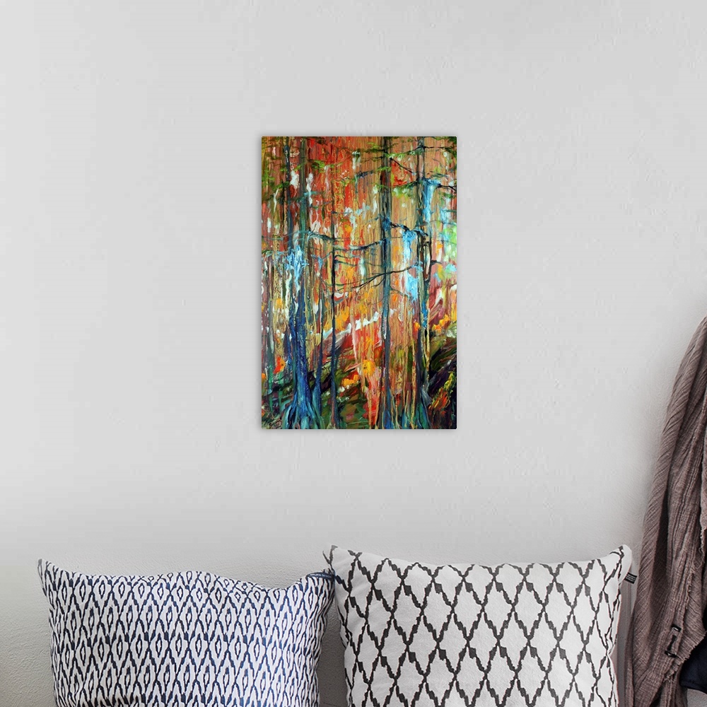A bohemian room featuring An abstract painting of the swampy wooded cypress bayous of Louisiana with vibrant colors.