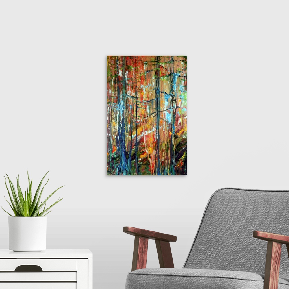A modern room featuring An abstract painting of the swampy wooded cypress bayous of Louisiana with vibrant colors.