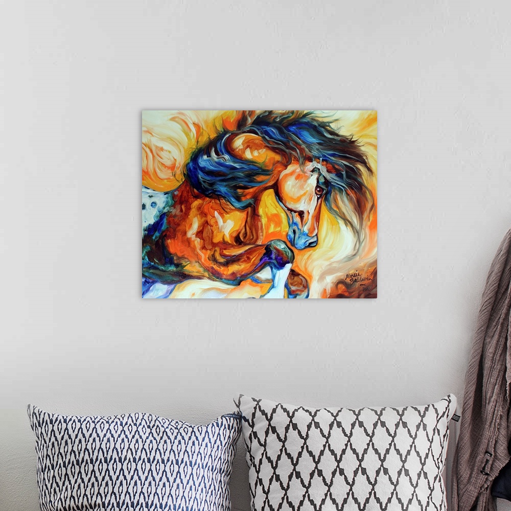 A bohemian room featuring Contemporary abstract painting of a horse in action made with both warm and cool tones .