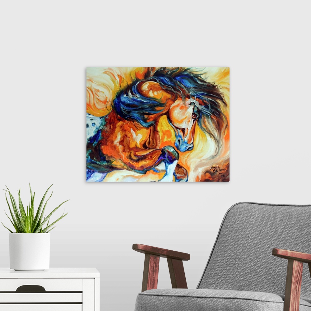A modern room featuring Contemporary abstract painting of a horse in action made with both warm and cool tones .