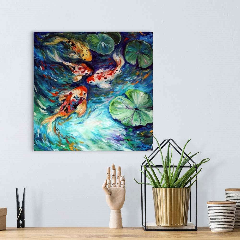 A bohemian room featuring Square painting of four koi fish in a pond with lily pads and curved brushstrokes.