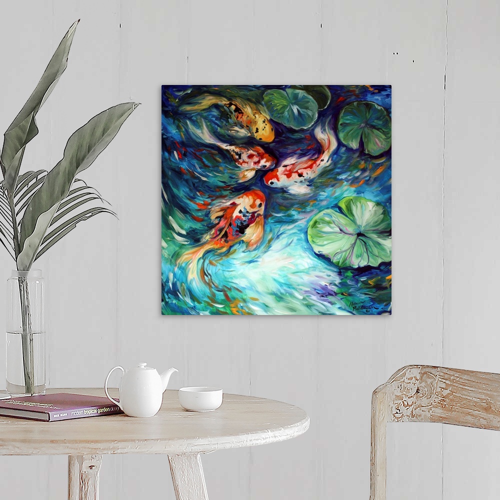 A farmhouse room featuring Square painting of four koi fish in a pond with lily pads and curved brushstrokes.