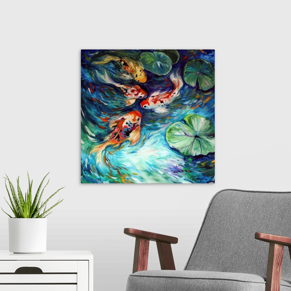 A modern room featuring Square painting of four koi fish in a pond with lily pads and curved brushstrokes.