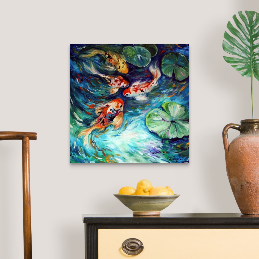 A traditional room featuring Square painting of four koi fish in a pond with lily pads and curved brushstrokes.