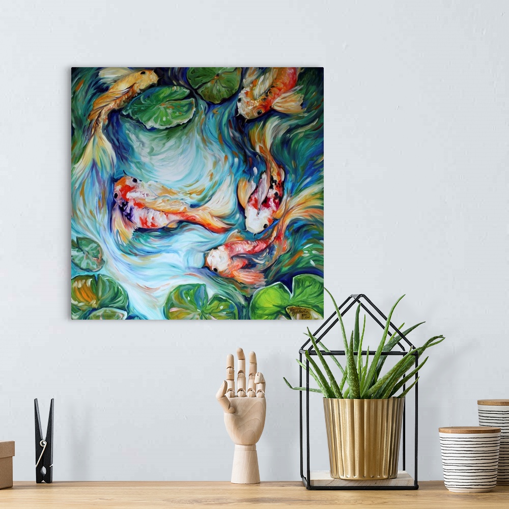 A bohemian room featuring Square painting of five swimming koi fish in a pond with lily pads and curved brushstrokes.