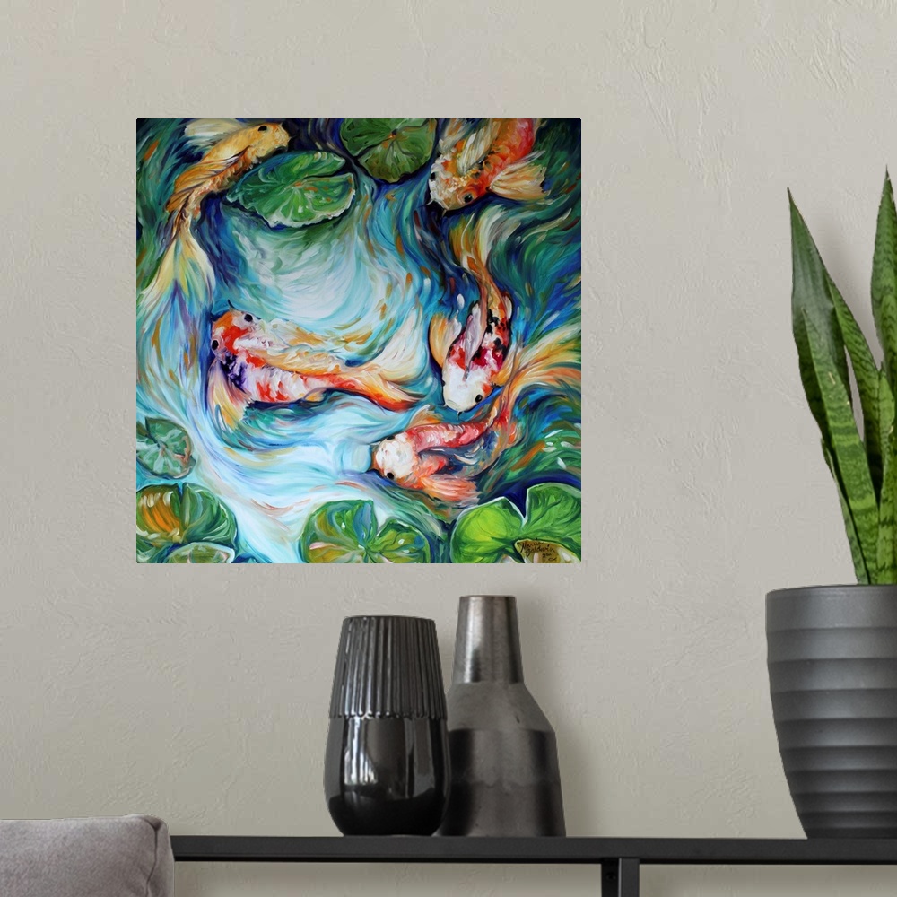 A modern room featuring Square painting of five swimming koi fish in a pond with lily pads and curved brushstrokes.