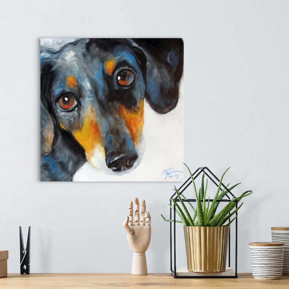 A bohemian room featuring Square painting of a close-up dachshund face on a white background.