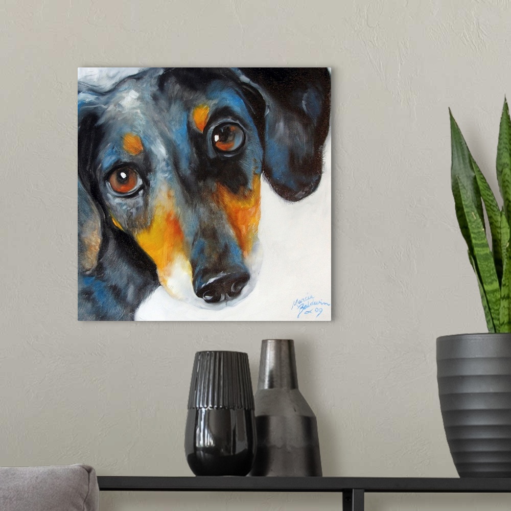 A modern room featuring Square painting of a close-up dachshund face on a white background.