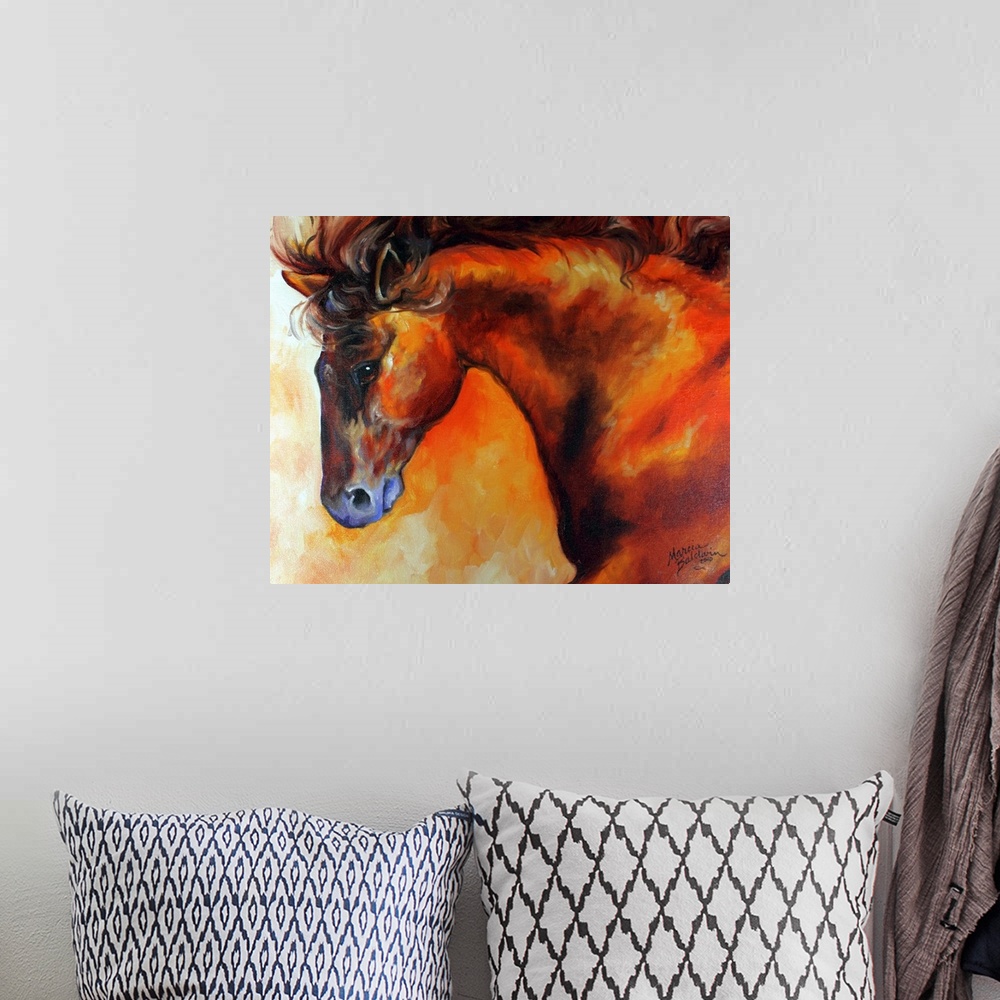 A bohemian room featuring Contemporary painting of a horse created with gold, orange, red, and yellow warm tones.