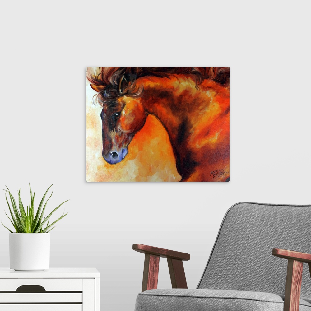 A modern room featuring Contemporary painting of a horse created with gold, orange, red, and yellow warm tones.