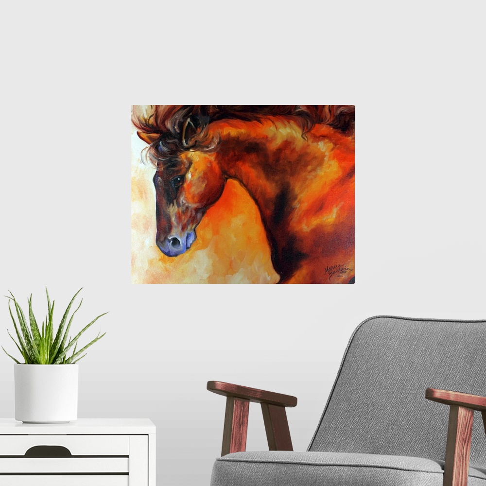 A modern room featuring Contemporary painting of a horse created with gold, orange, red, and yellow warm tones.