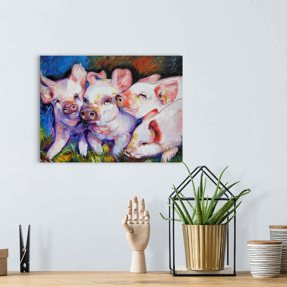 A bohemian room featuring Contemporary painting of four little pigs snuggling together and covered in dirt on an abstract b...