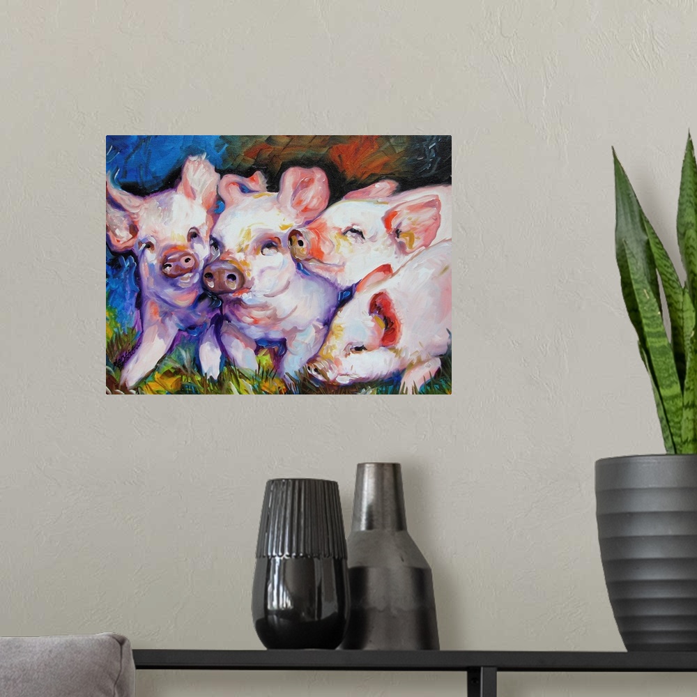 A modern room featuring Contemporary painting of four little pigs snuggling together and covered in dirt on an abstract b...
