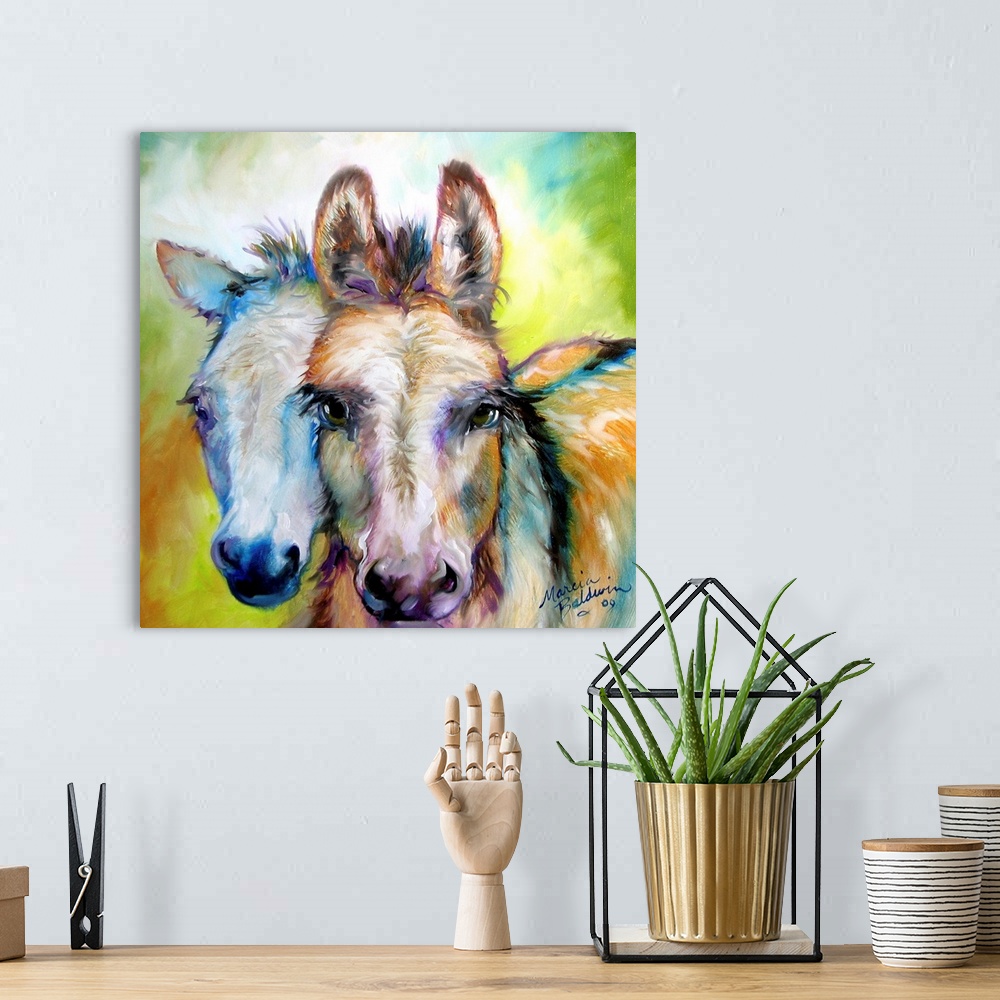 A bohemian room featuring Square painting of two donkeys with purple and blue highlights on a colorful background.