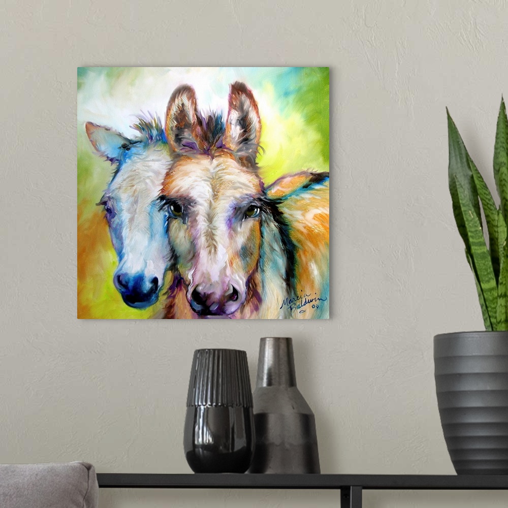 A modern room featuring Square painting of two donkeys with purple and blue highlights on a colorful background.