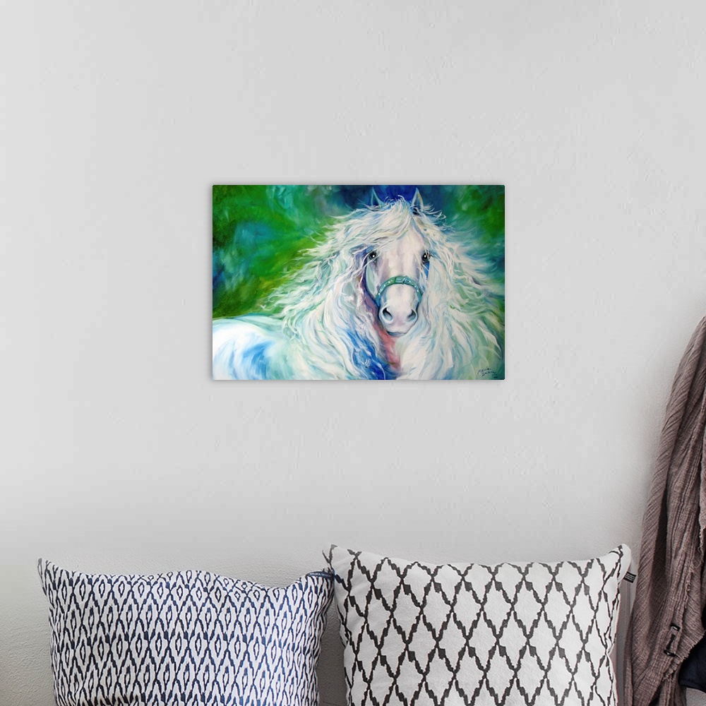 A bohemian room featuring Contemporary painting of a white Andalusian horse with a flowing mane on a blue and green backgro...