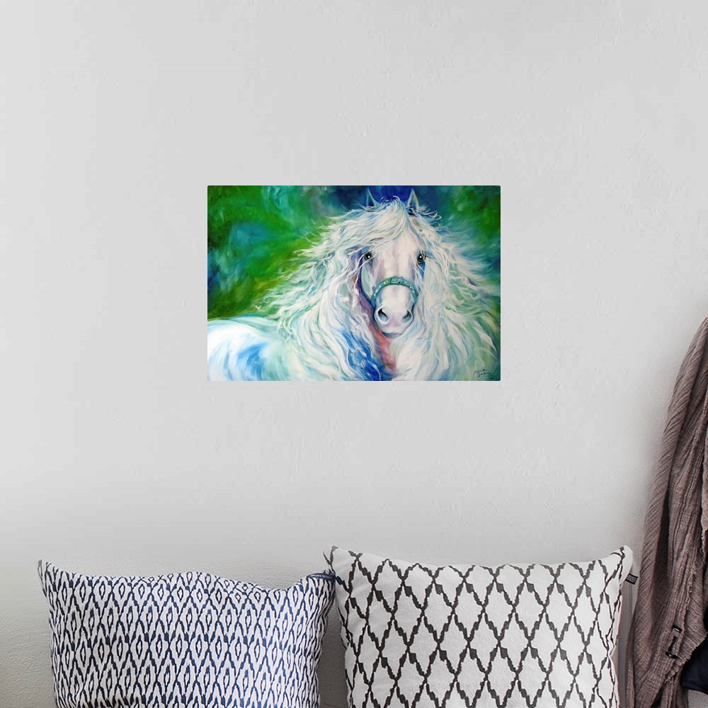 A bohemian room featuring Contemporary painting of a white Andalusian horse with a flowing mane on a blue and green backgro...