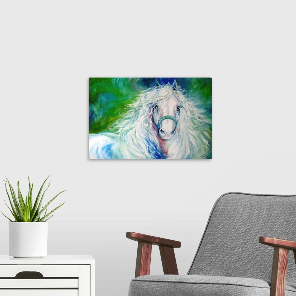 A modern room featuring Contemporary painting of a white Andalusian horse with a flowing mane on a blue and green backgro...