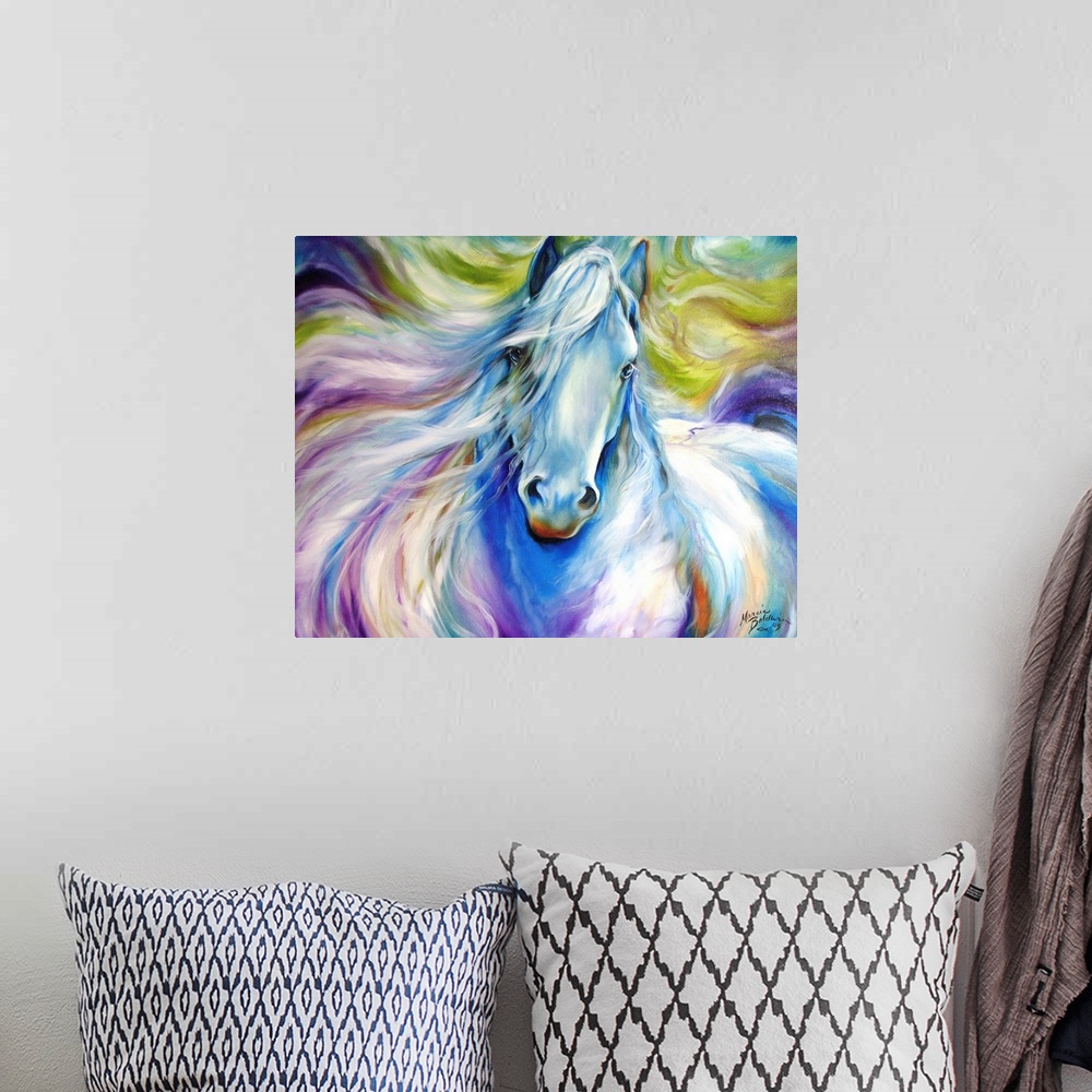 A bohemian room featuring Contemporary painting of a beautiful horse create with flowing brushstrokes in majestic hues of p...