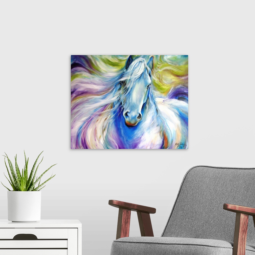 A modern room featuring Contemporary painting of a beautiful horse create with flowing brushstrokes in majestic hues of p...