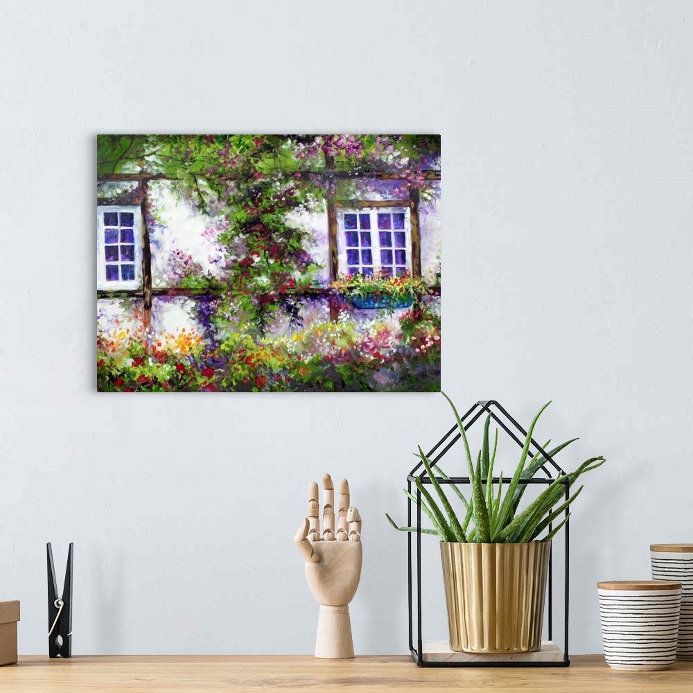A bohemian room featuring Contemporary painting of an English cottage covered in flowers and greens.