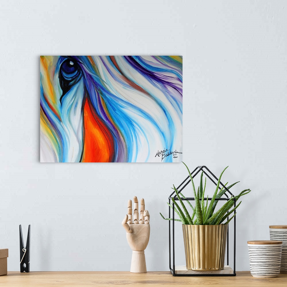 A bohemian room featuring Colorful painting of a horse close-up with a flowing mane and compassionate stare.