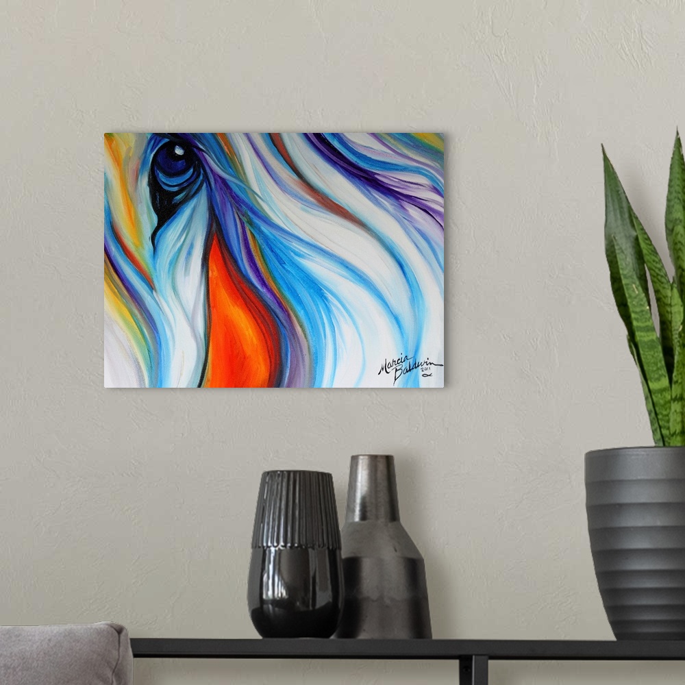 A modern room featuring Colorful painting of a horse close-up with a flowing mane and compassionate stare.