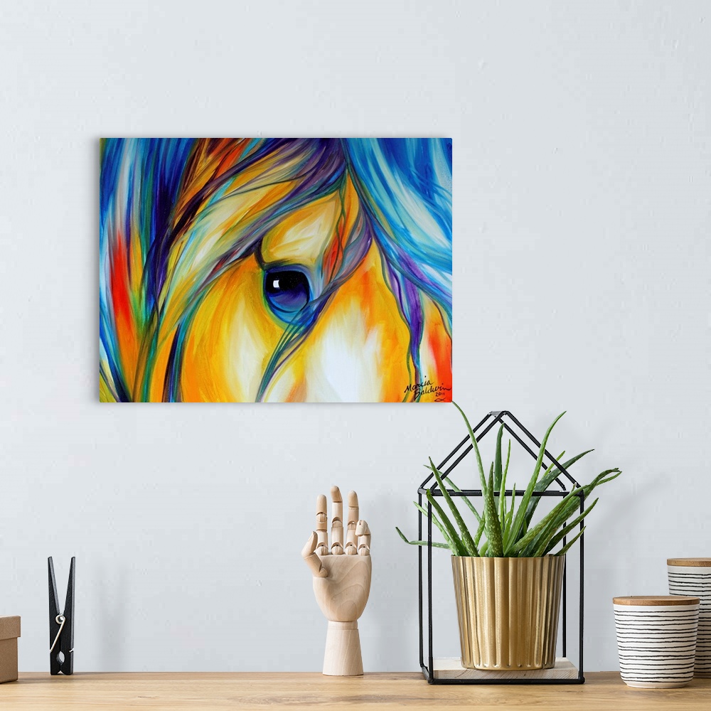 A bohemian room featuring Contemporary painting of a horse close-up with a colorful mane and a bright blue eye.