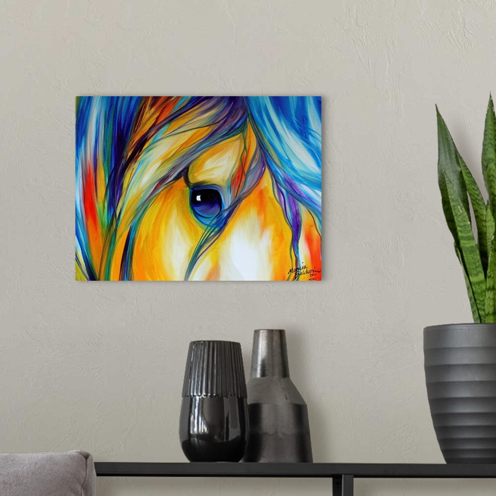 A modern room featuring Contemporary painting of a horse close-up with a colorful mane and a bright blue eye.
